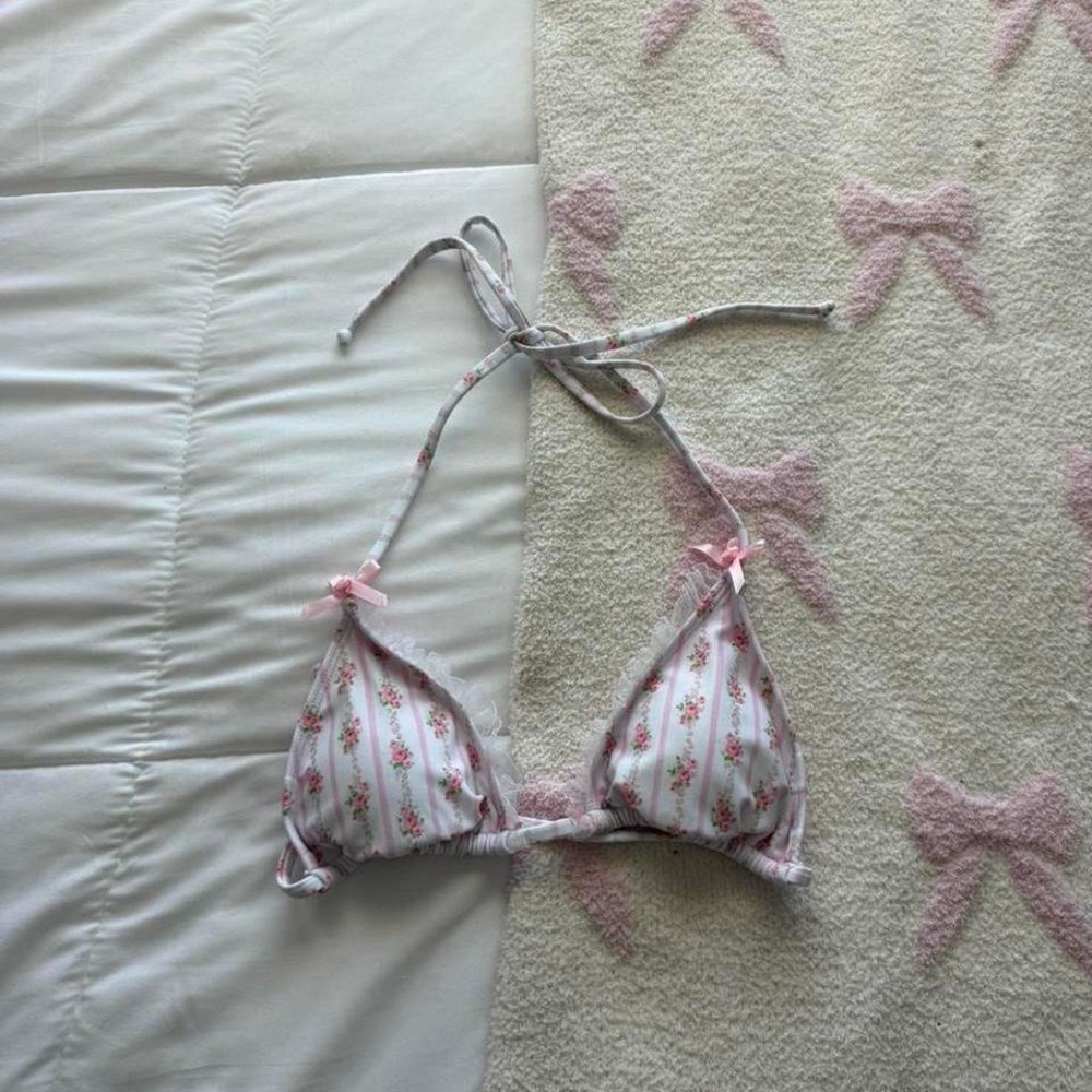 Floral bow pink and white triangle bikini top